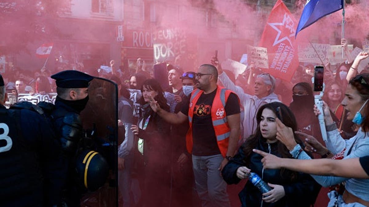 Protesters march toward the Place de la Bastille in Paris.