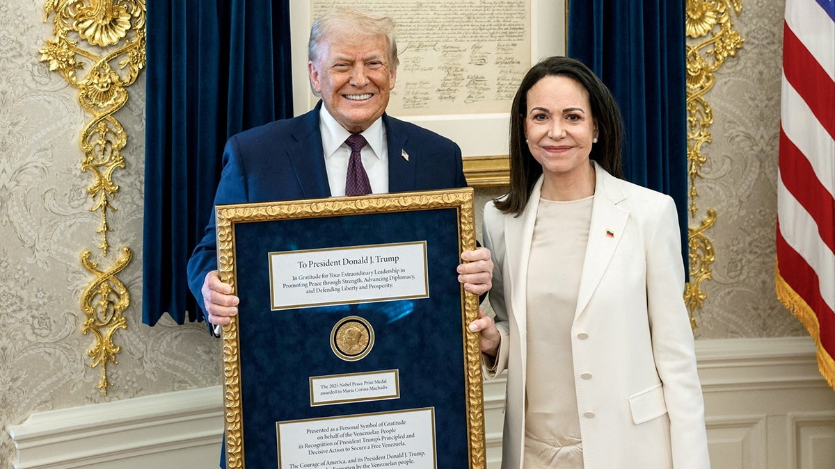 President Trump meets with Venezuelan opposition leader Maria Corina Machado in the Oval Office, during which she presented the President with her Nobel Peace Prize, in Washington, D.C., released Jan. 15, 2026.